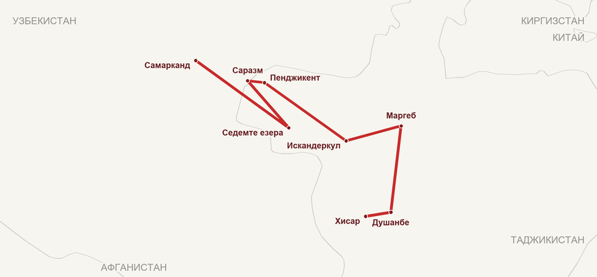 Карта на маршрута: Душанбе – Хисар – Маргеб – Искандеркул – Пенджикент – Саразм – Седемте езера – Самарканд