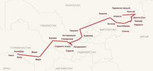 Карта на маршрута: Алмати – Чарински каньон – Колсай – Каинди – Каракол – Джети-Огуз – Сказка – Боконбаево – Кочкор – Бишкек – Ташкент – Худжанд – Истаравшан – Пенджикент – Саразм – Седемте езера – Самарканд – Бухара – Мерв – Мари – Анау – Ашхабад – Ниса